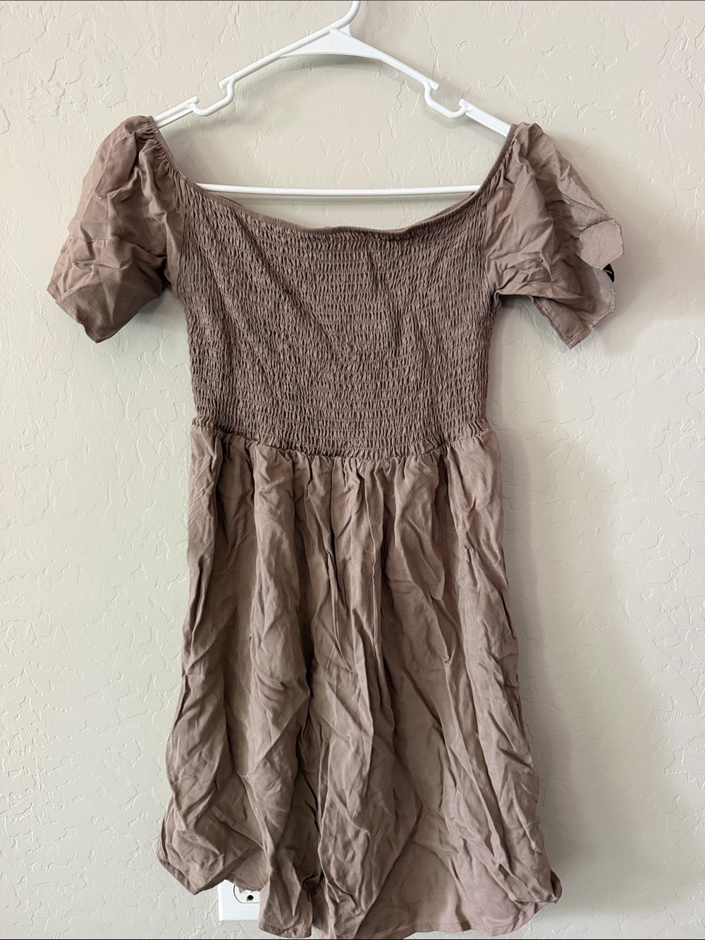 Heart Hips Taupe Smocked Off-Shoulder Mini Dress